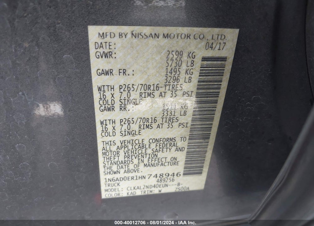 2017 NISSAN FRONTIER SV VIN: 1N6AD0ER1HN748946