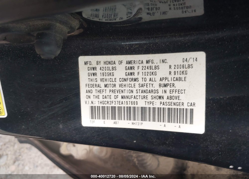 2014 HONDA ACCORD LX VIN: 1HGCR2F37EA197669
