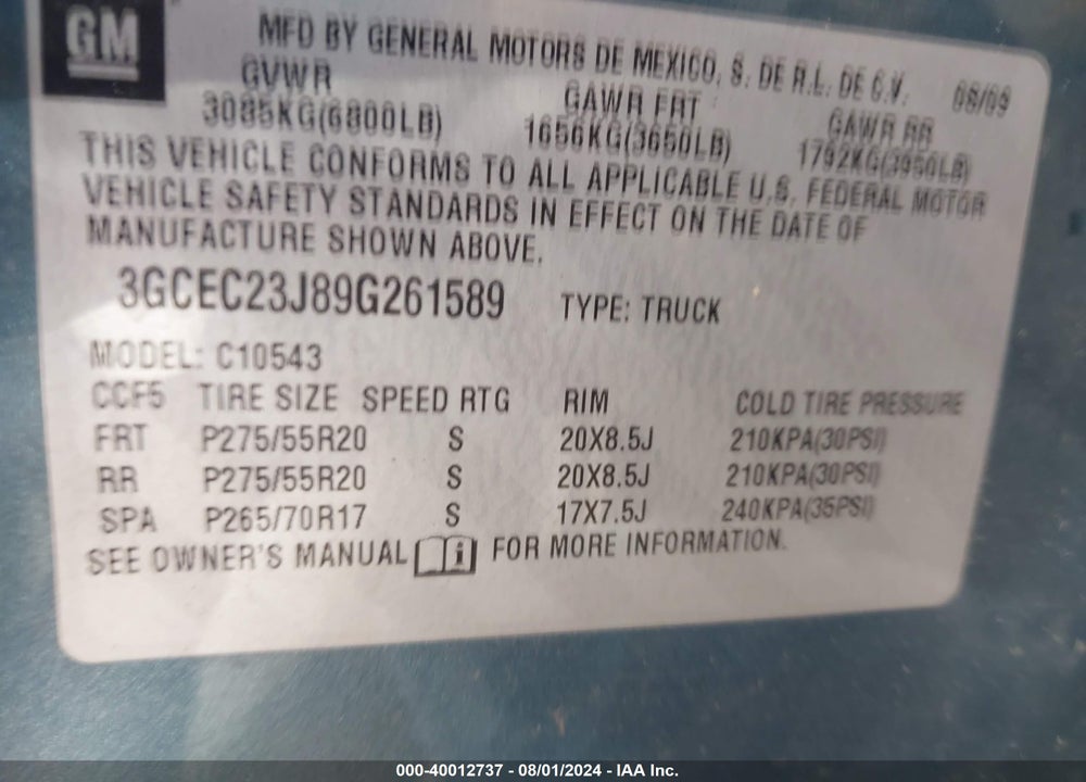 2009 CHEVROLET SILVERADO 1500 LT VIN: 3GCEC23J89G261589