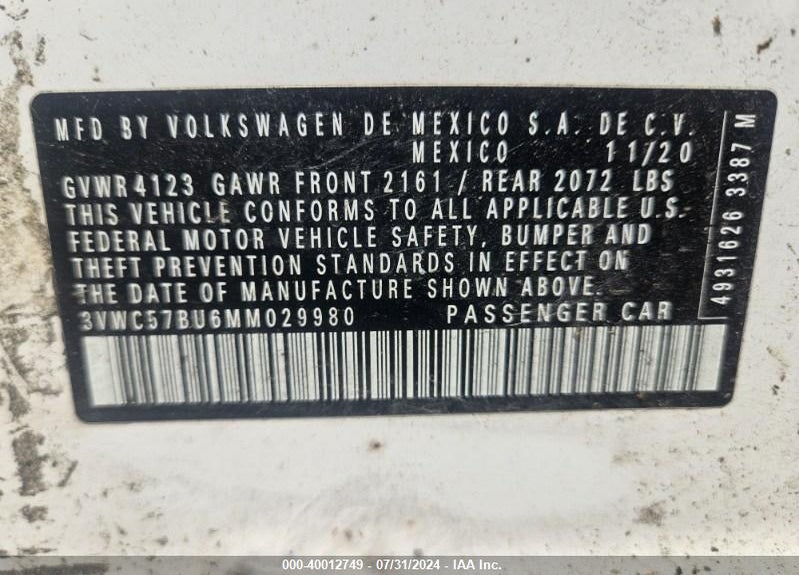 2021 VOLKSWAGEN JETTA 1.4T R-LINE/1.4T S/1.4T SE VIN: 3VWC57BU6MM029980
