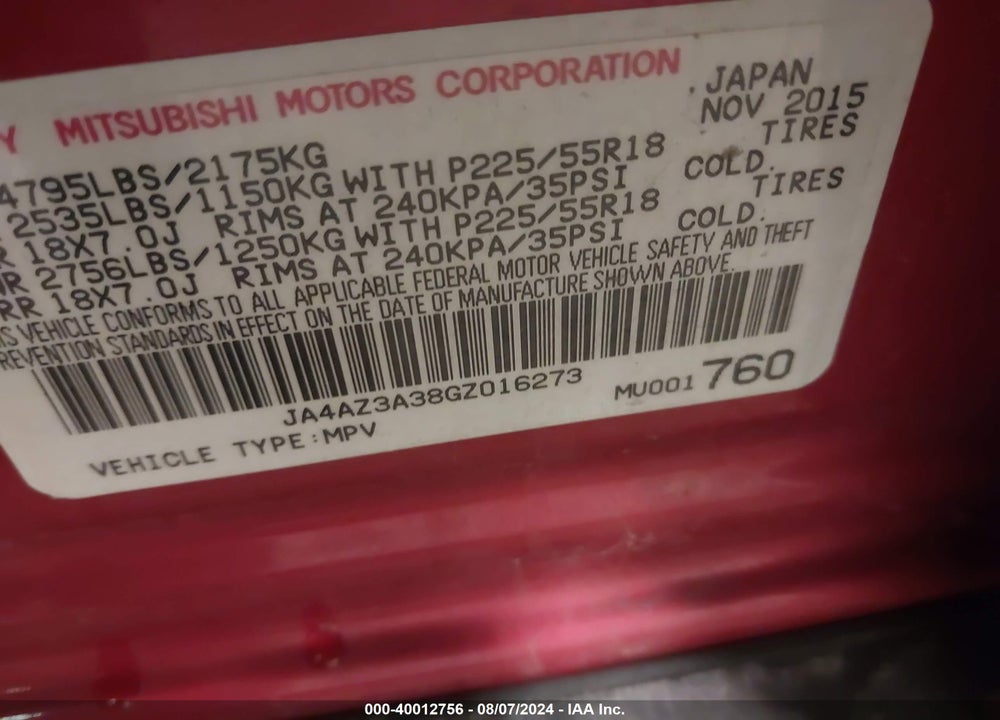 2016 MITSUBISHI OUTLANDER VIN: JA4AZ3A38GZ016273
