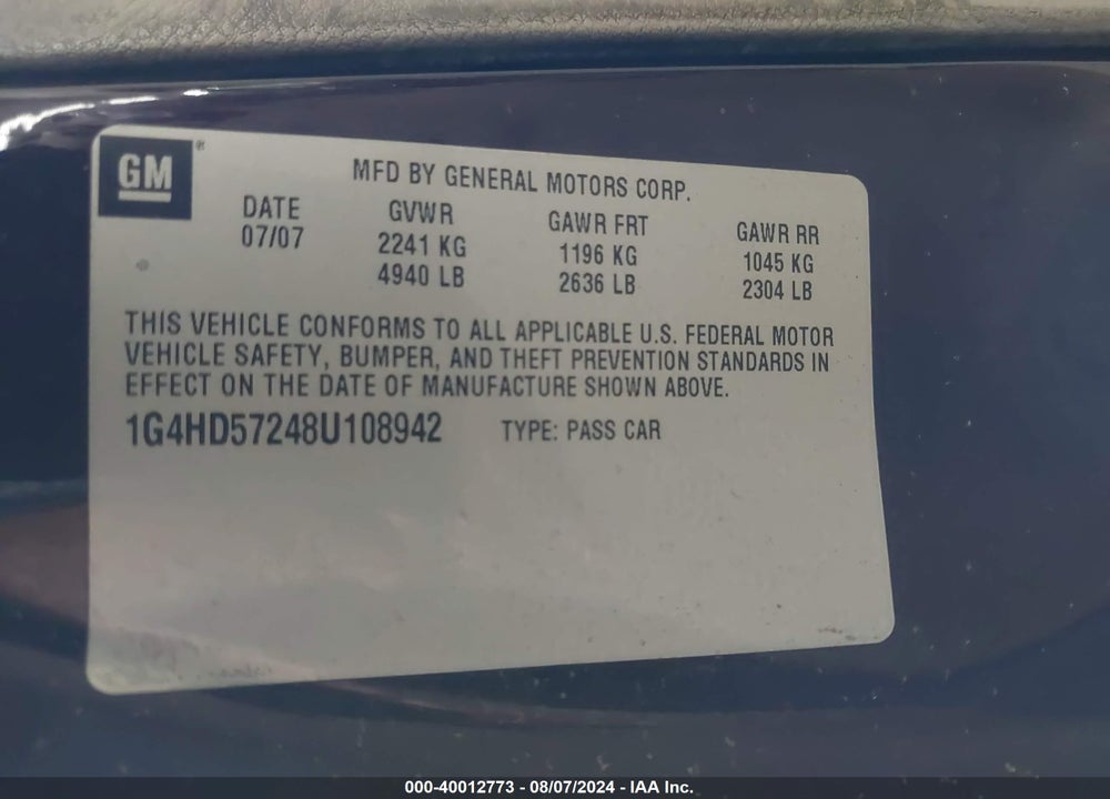 2008 BUICK LUCERNE CXL VIN: 1G4HD57248U108942