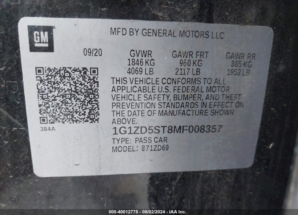 2021 CHEVROLET MALIBU FWD LT VIN: 1G1ZD5ST8MF008357