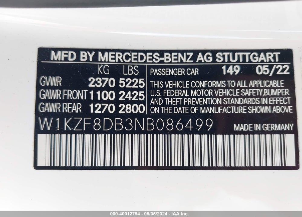 2022 MERCEDES-BENZ E 350 VIN: W1KZF8DB3NB086499