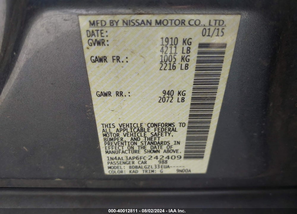 2015 NISSAN ALTIMA 2.5/2.5 S/2.5 SL/2.5 SV VIN: 1N4AL3AP6FC242409