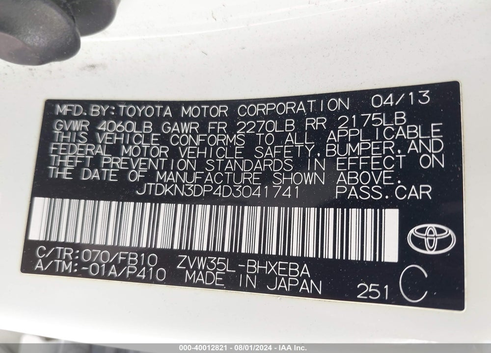 2013 TOYOTA PRIUS PLUG-IN VIN: JTDKN3DP4D3041741
