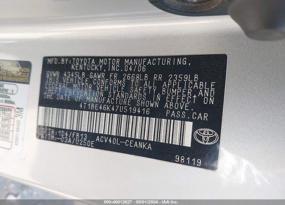 2007 TOYOTA CAMRY LE VIN: 4T1BE46K47U519416
