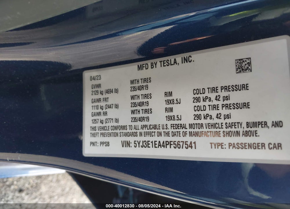 2023 TESLA MODEL 3 REAR-WHEEL DRIVE VIN: 5YJ3E1EA4PF567541