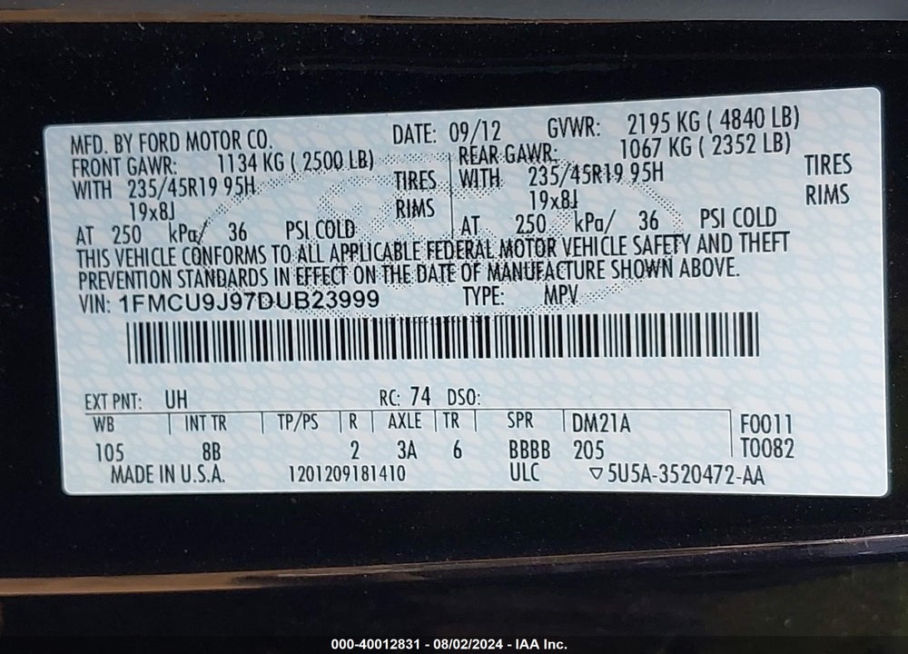 2013 FORD ESCAPE TITANIUM VIN: 1FMCU9J97DUB23999