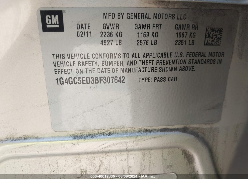 2011 BUICK LACROSSE CXL VIN: 1G4GC5ED3BF307642