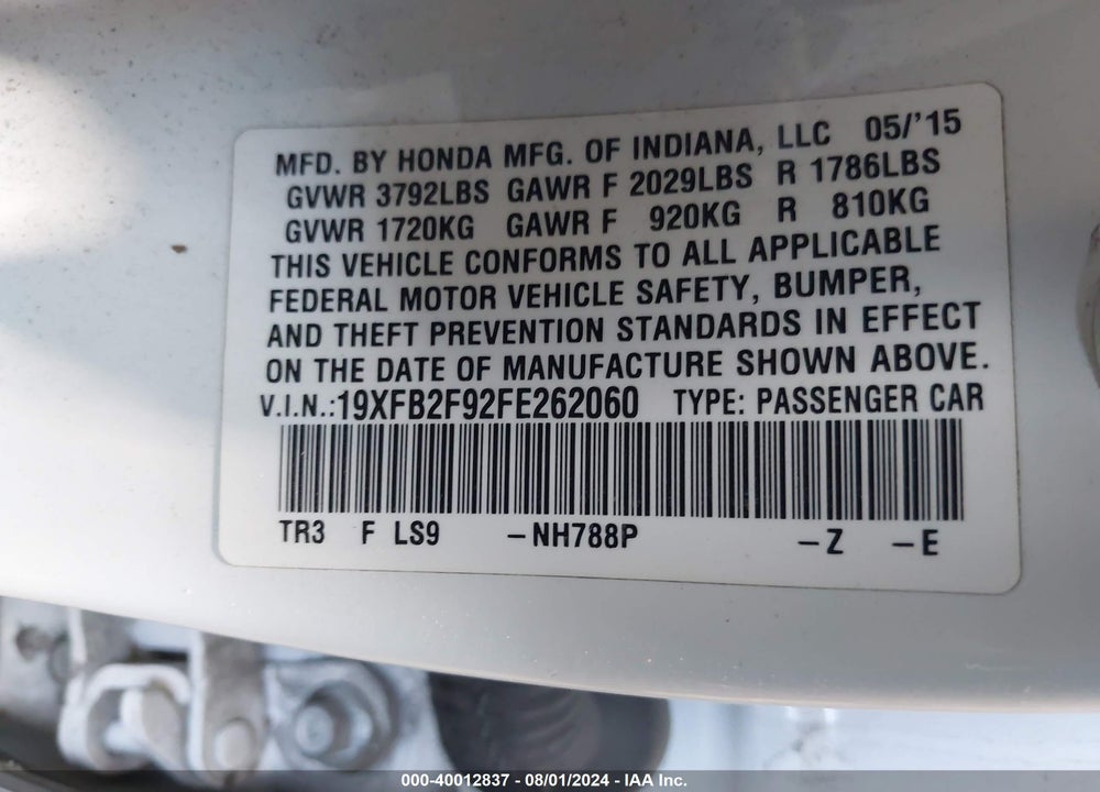2015 HONDA CIVIC EX-L VIN: 19XFB2F92FE262060