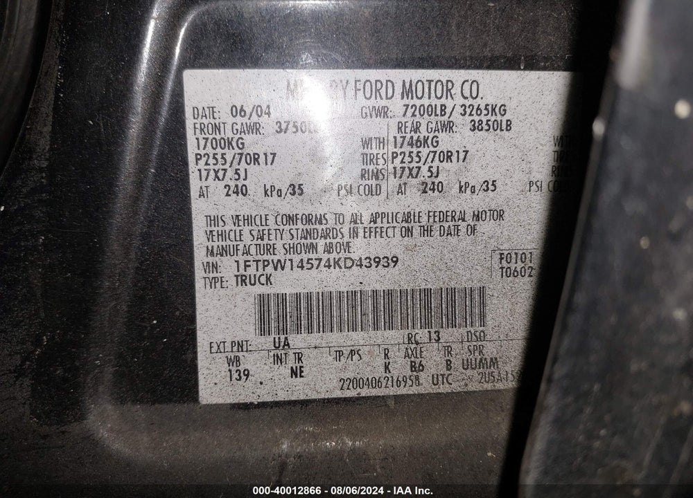 2004 FORD F-150 FX4/LARIAT/XLT VIN: 1FTPW14574KD43939