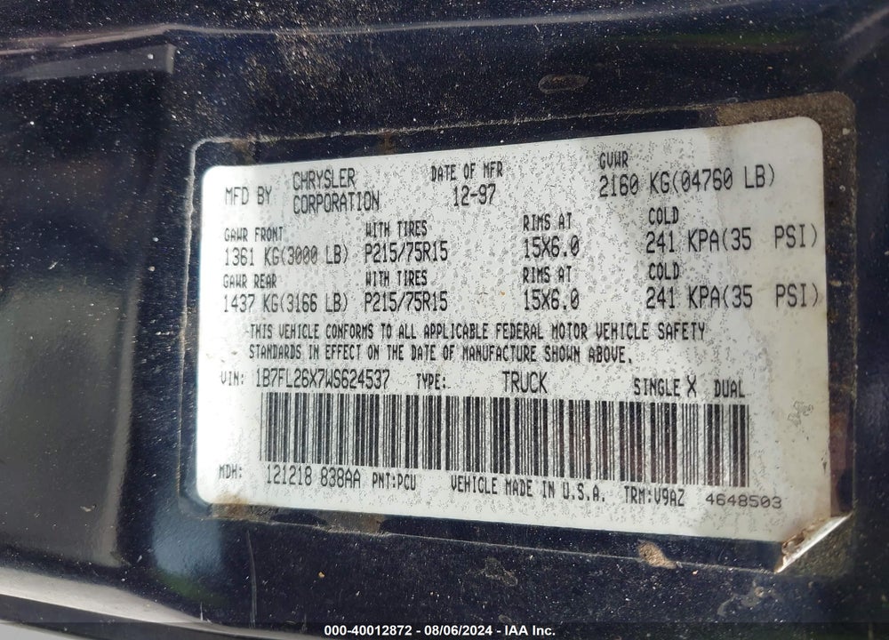 1998 DODGE DAKOTA VIN: 1B7FL26X7WS624537