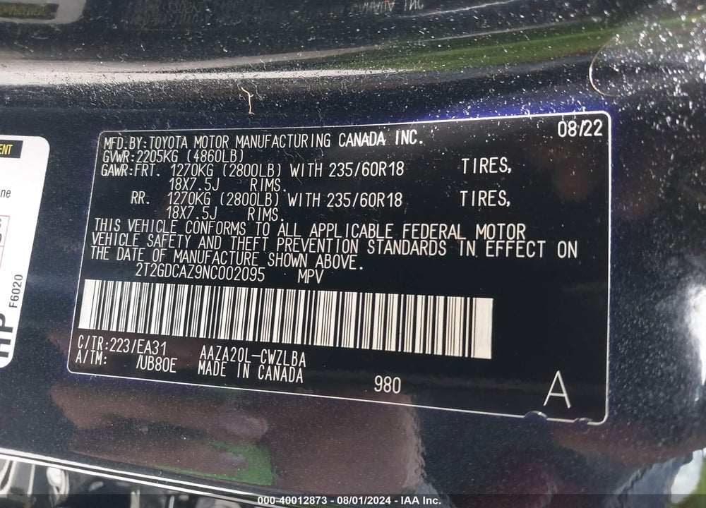 2022 LEXUS NX 250 PREMIUM VIN: 2T2GDCAZ9NC002095