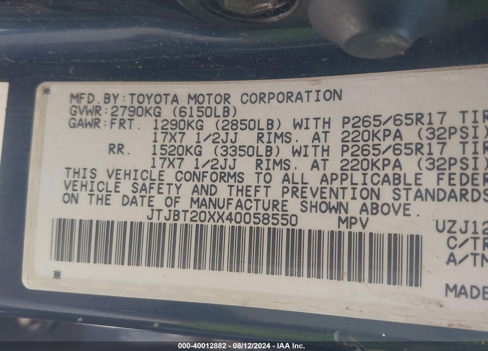 2004 LEXUS GX 470 VIN: JTJBT20XX40058550