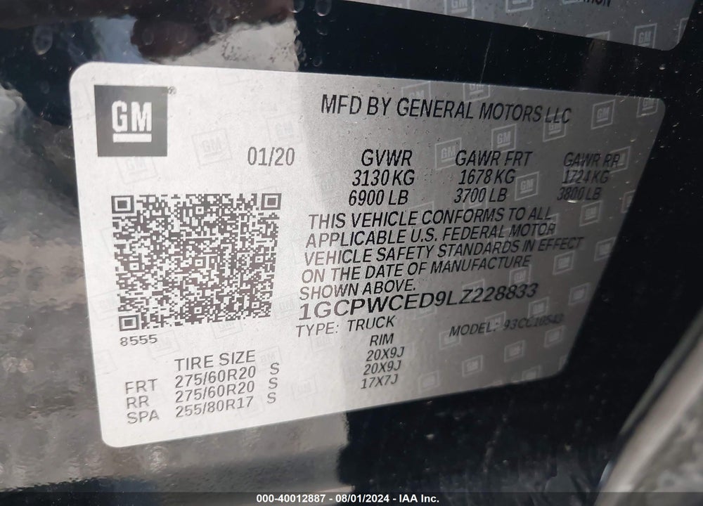 2020 CHEVROLET SILVERADO 1500 VIN: 1GCPWCED9LZ228833