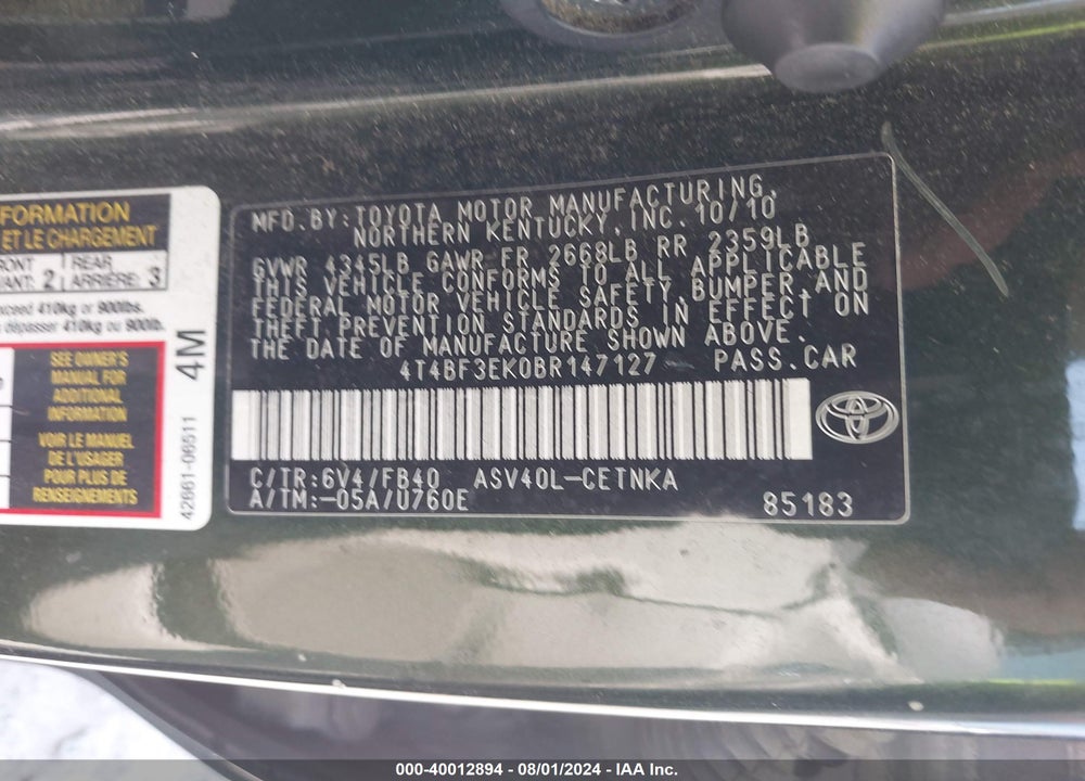 2011 TOYOTA CAMRY LE VIN: 4T4BF3EK0BR147127