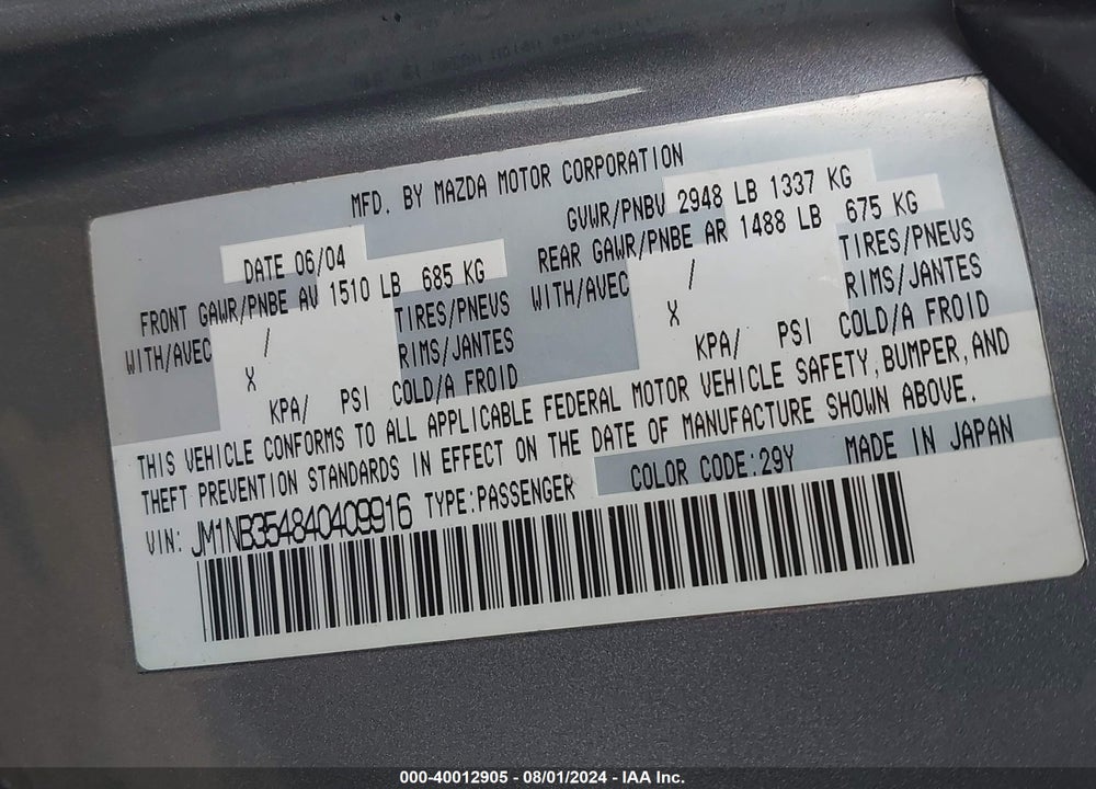 2004 MAZDA SPEED MX-5 MIATA CLOTH VIN: JM1NB354840409916