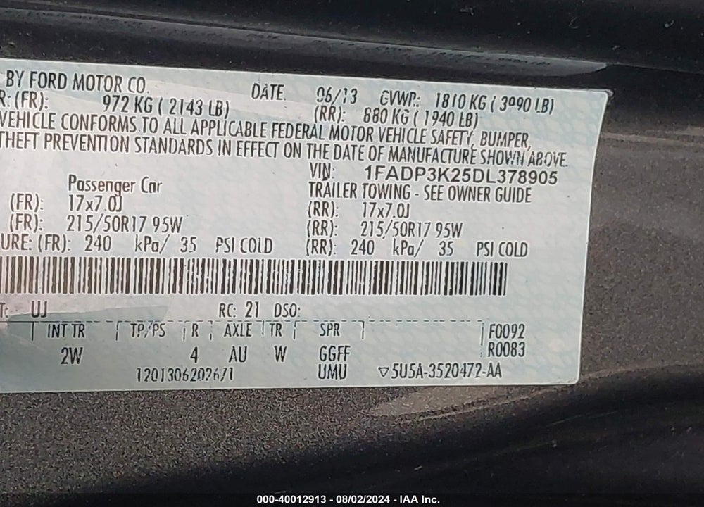 2013 FORD FOCUS SE VIN: 1FADP3K25DL378905