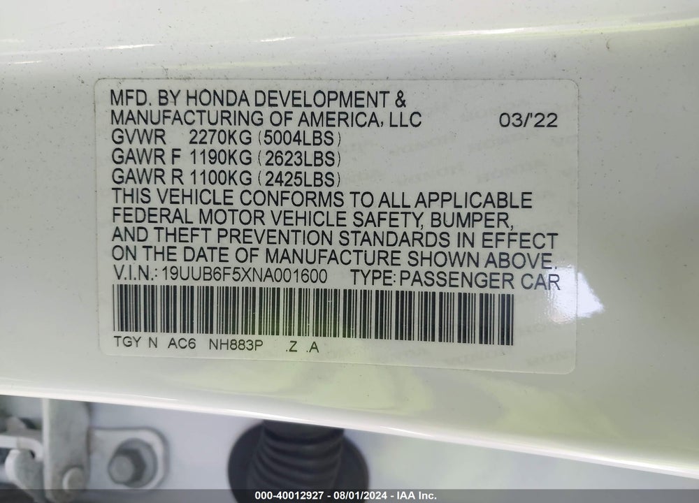 2022 ACURA TLX A-SPEC PACKAGE VIN: 19UUB6F5XNA001600