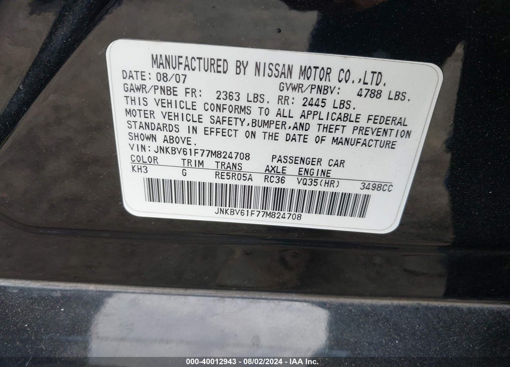 2007 INFINITI G35X VIN: JNKBV61F77M824708