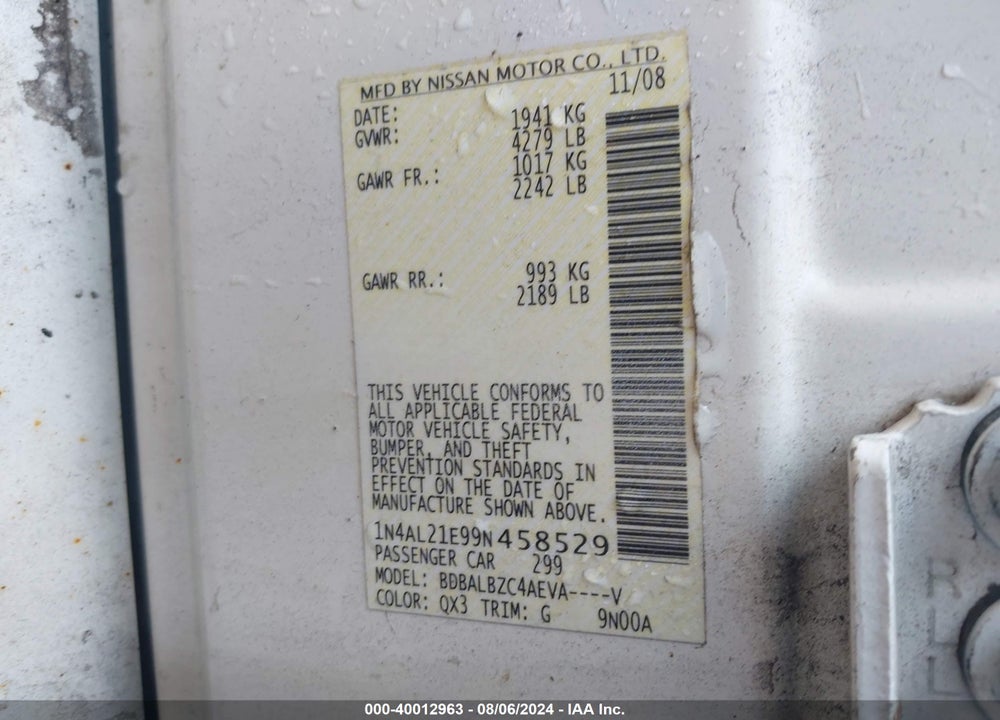 2009 NISSAN ALTIMA 2.5 S VIN: 1N4AL21E99N458529