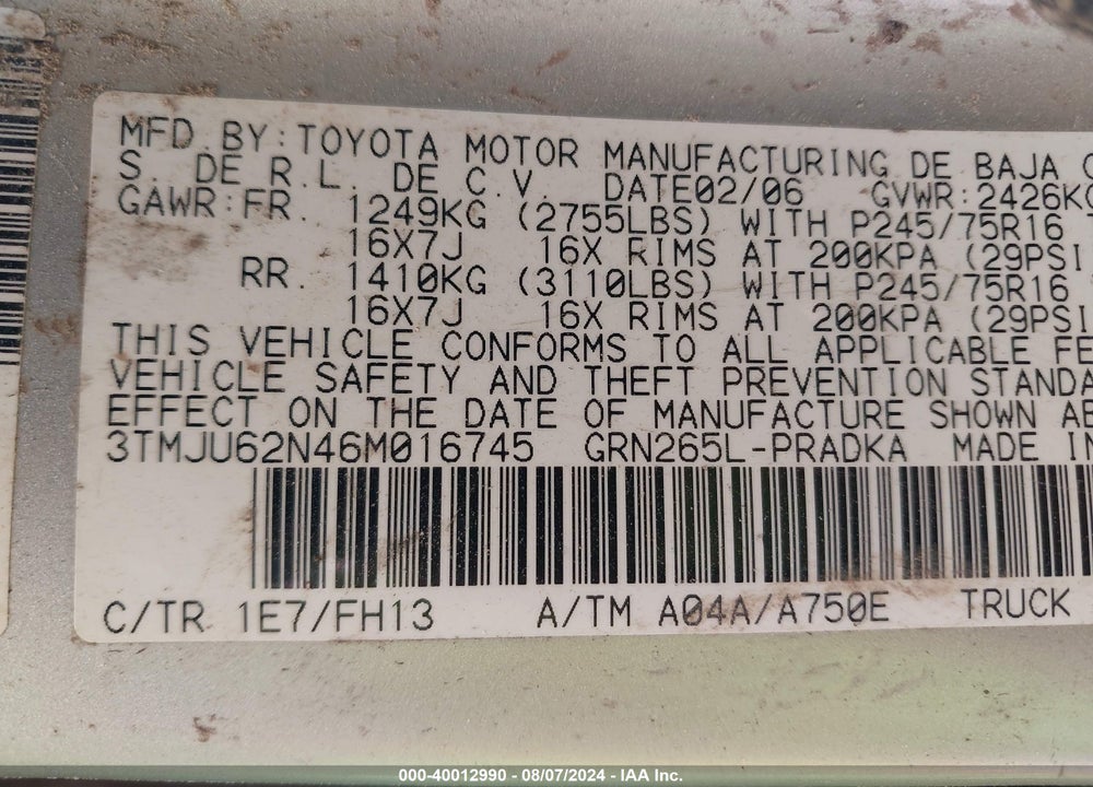 2006 TOYOTA TACOMA PRERUNNER V6 VIN: 3TMJU62N46M016745