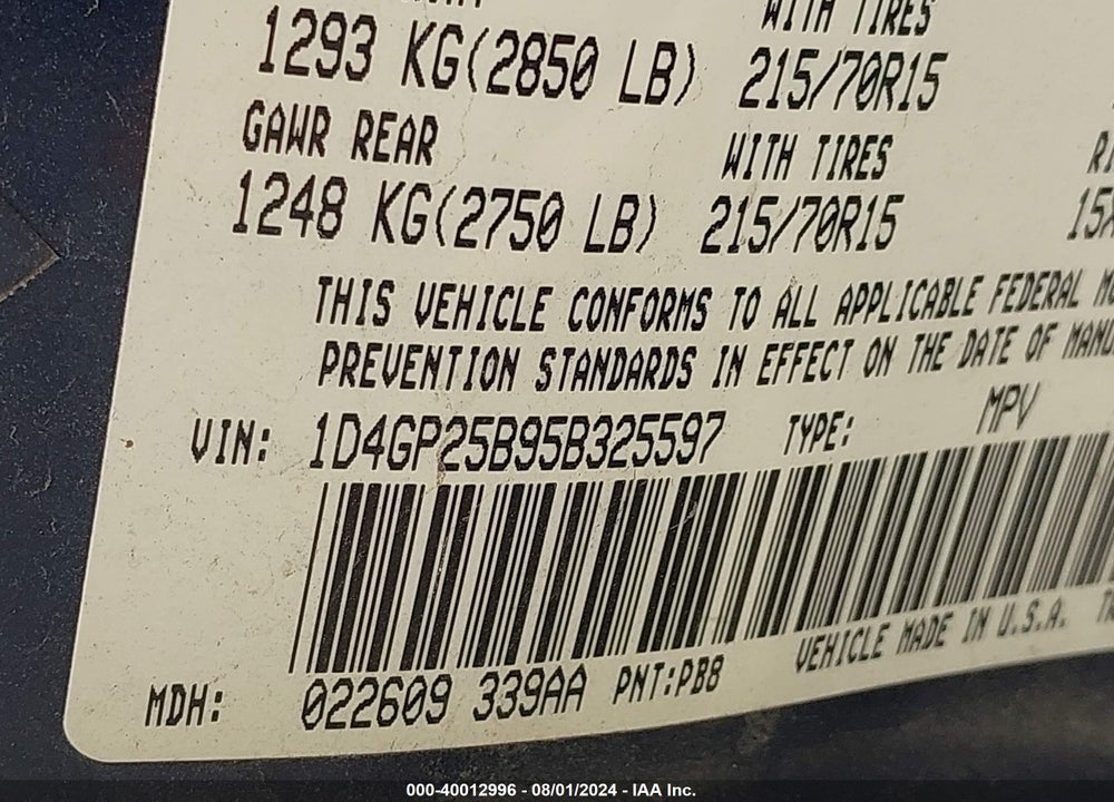 2005 DODGE CARAVAN VIN: 1D4GP25B95B325597