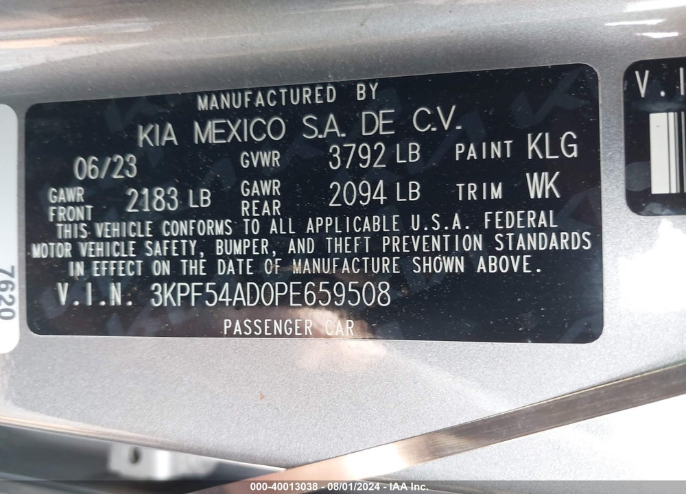 2023 KIA FORTE GT LINE VIN: 3KPF54AD0PE659508