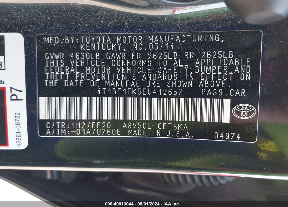 2014 TOYOTA CAMRY SE VIN: 4T1BF1FK5EU412657