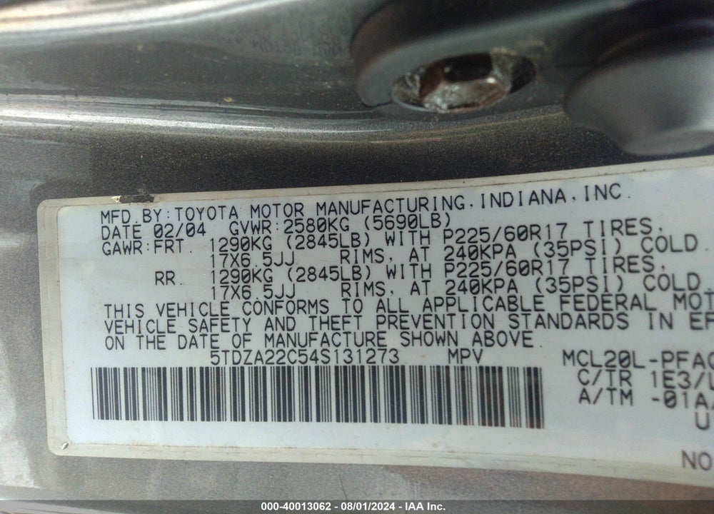 2004 TOYOTA SIENNA XLE VIN: 5TDZA22C54S131273