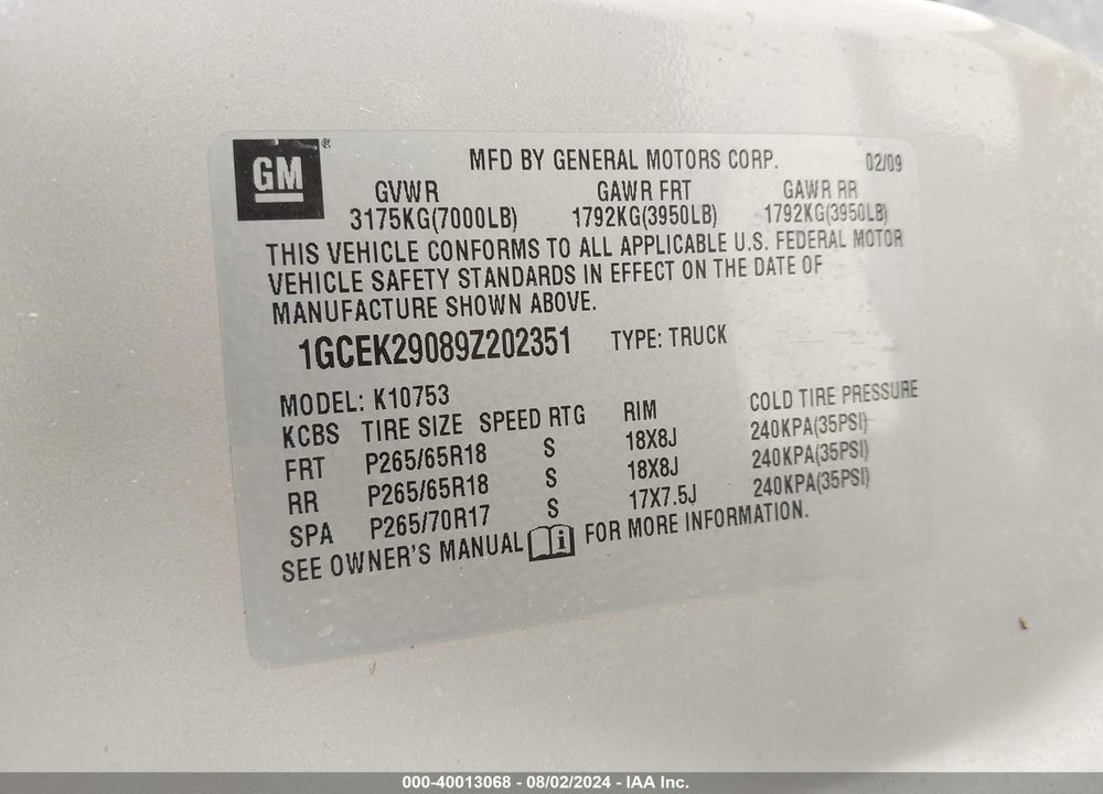 2009 CHEVROLET SILVERADO 1500 LT VIN: 1GCEK29089Z202351