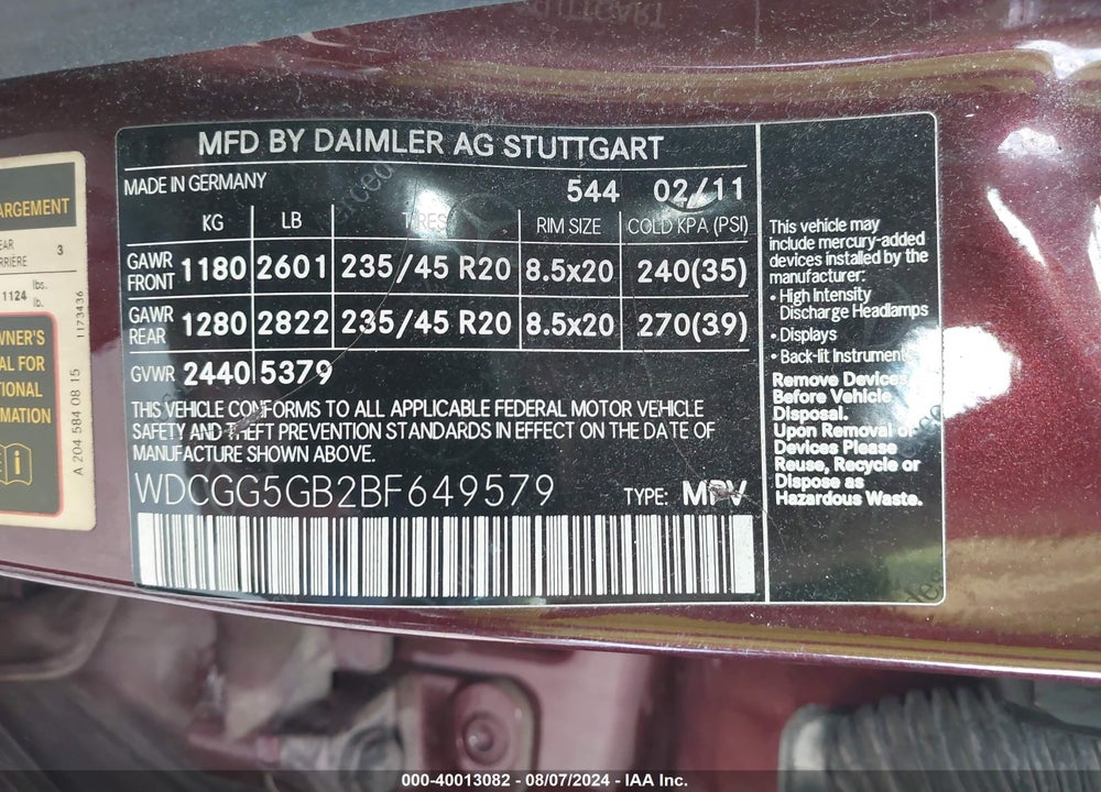 2011 MERCEDES-BENZ GLK 350 VIN: WDCGG5GB2BF649579