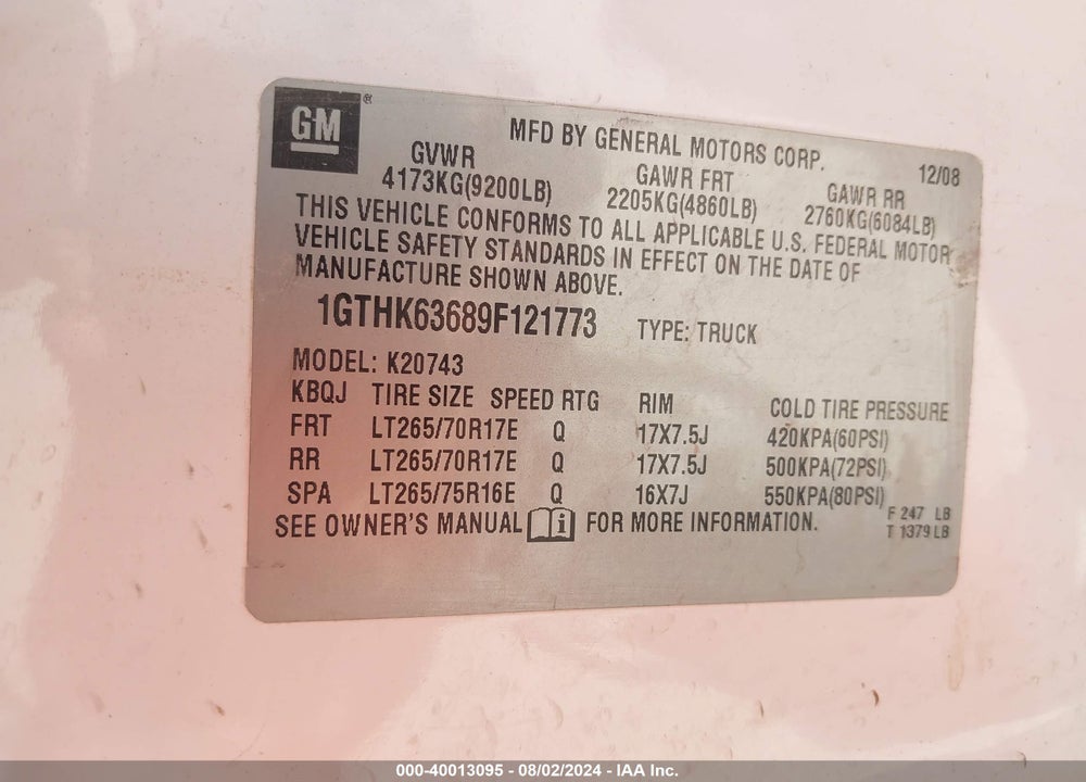 2009 GMC SIERRA 2500HD SLT VIN: 1GTHK63689F121773