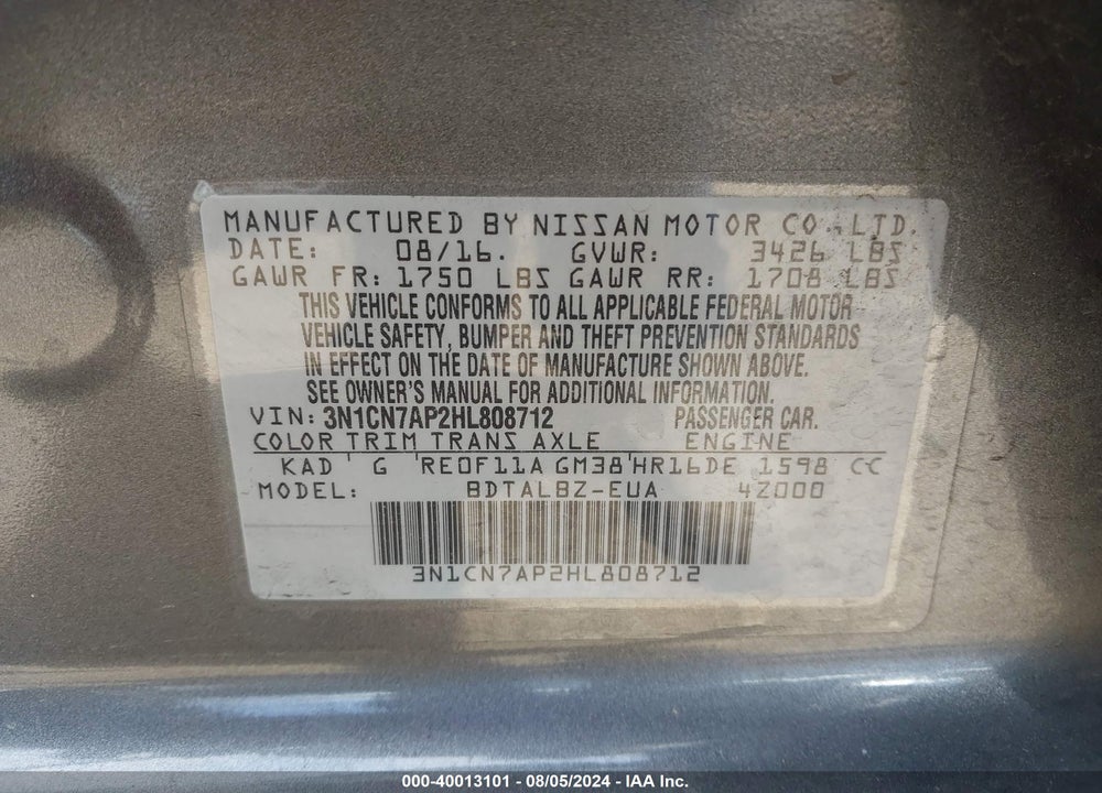 2017 NISSAN VERSA 1.6 SV VIN: 3N1CN7AP2HL808712