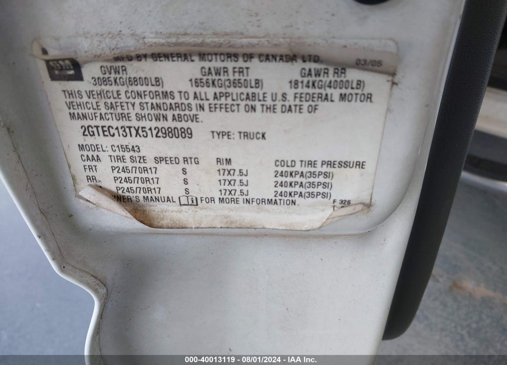 2005 GMC SIERRA 1500 SLE VIN: 2GTEC13TX51298089