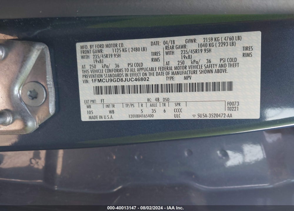 2018 FORD ESCAPE SE VIN: 1FMCU9GD8JUC46802
