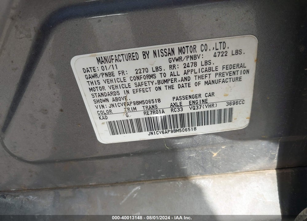 2011 INFINITI G37 JOURNEY VIN: JN1CV6AP9BM506518