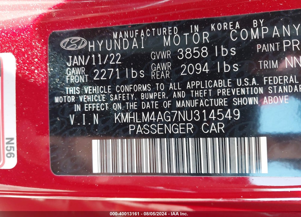 2022 HYUNDAI ELANTRA VIN: KMHLM4AG7NU314549
