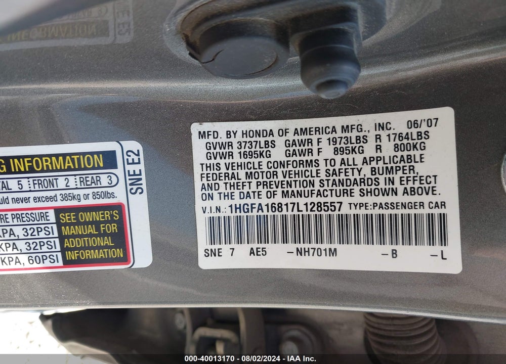 2007 HONDA CIVIC EX VIN: 1HGFA16817L128557