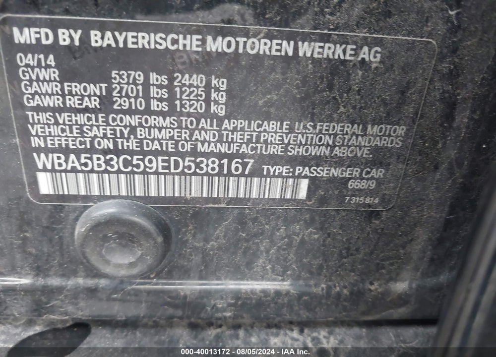 2014 BMW 535I XDRIVE VIN: WBA5B3C59ED538167