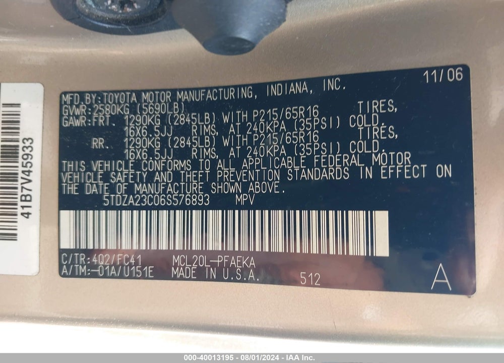 2006 TOYOTA SIENNA LE VIN: 5TDZA23C06S576893
