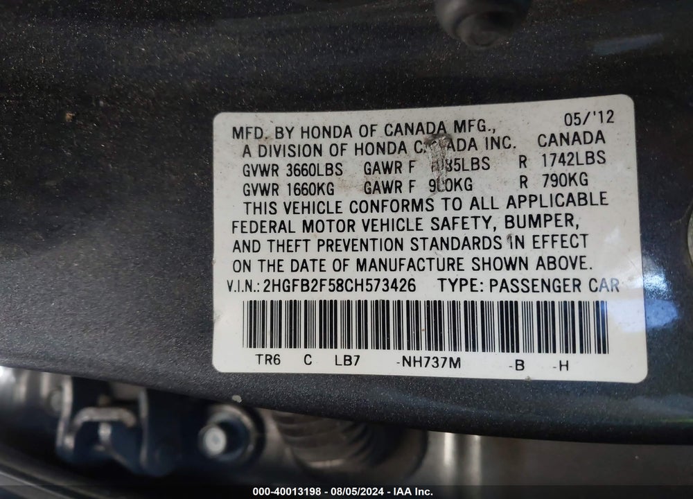 2012 HONDA CIVIC LX VIN: 2HGFB2F58CH573426
