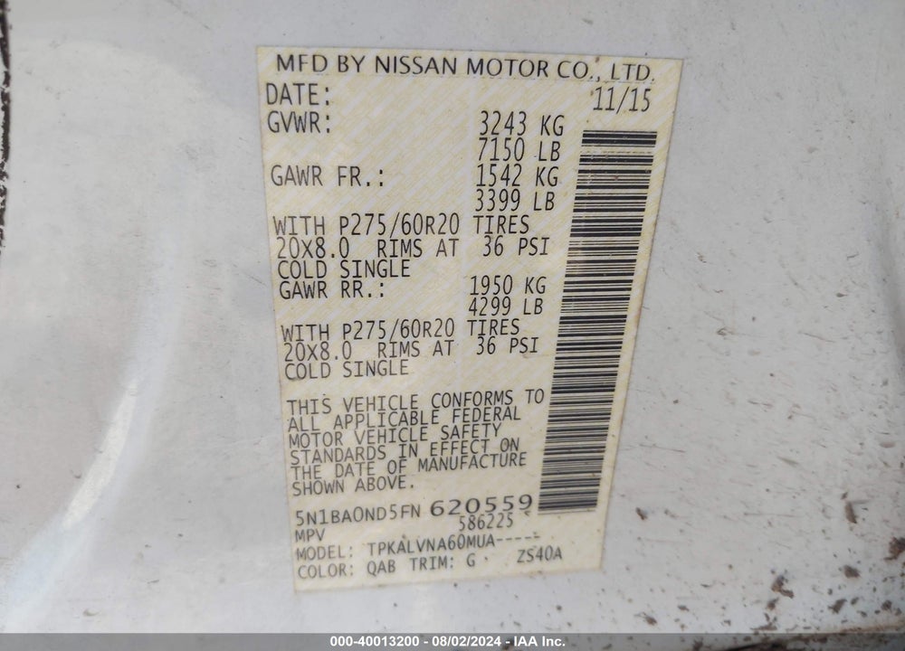 2015 NISSAN ARMADA SL VIN: 5N1BA0ND5FN620559