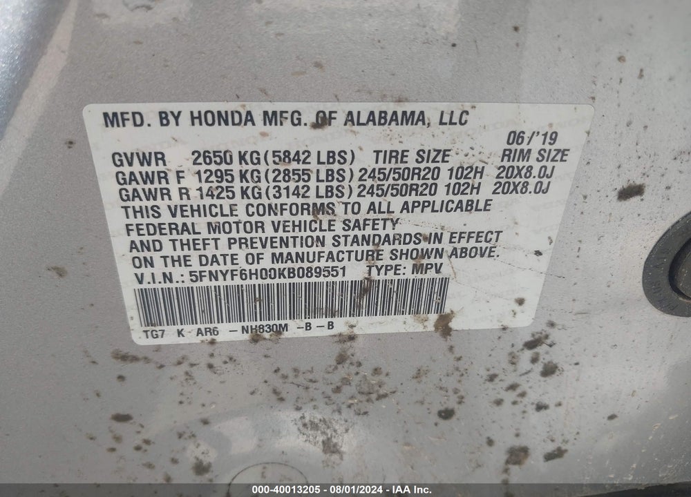 2019 HONDA PILOT ELITE VIN: 5FNYF6H00KB089551