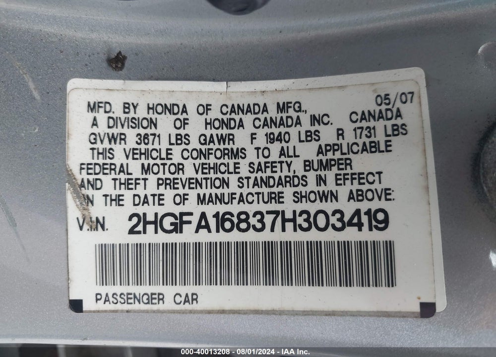 2007 HONDA CIVIC EX VIN: 2HGFA16837H303419