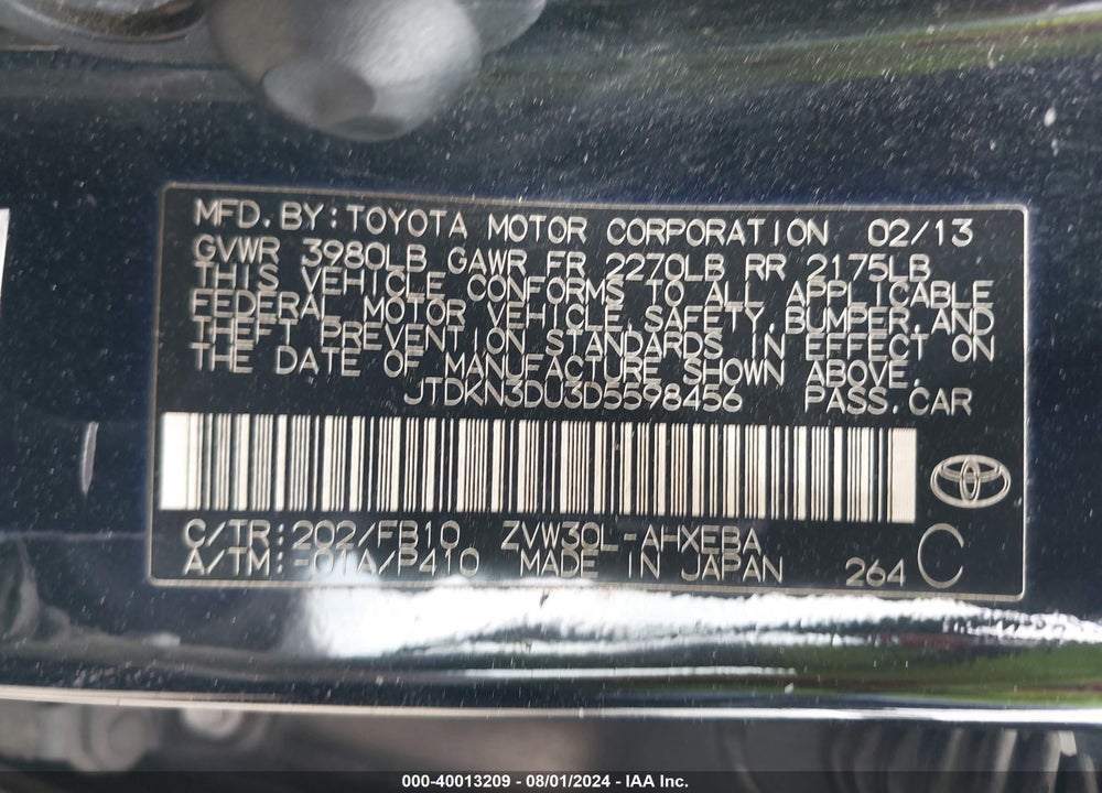 2013 TOYOTA PRIUS TWO VIN: JTDKN3DU3D5598456