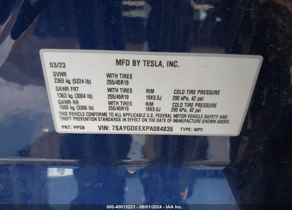 2023 TESLA MODEL Y AWD/LONG RANGE DUAL MOTOR ALL-WHEEL DRIVE VIN: 7SAYGDEEXPA084835