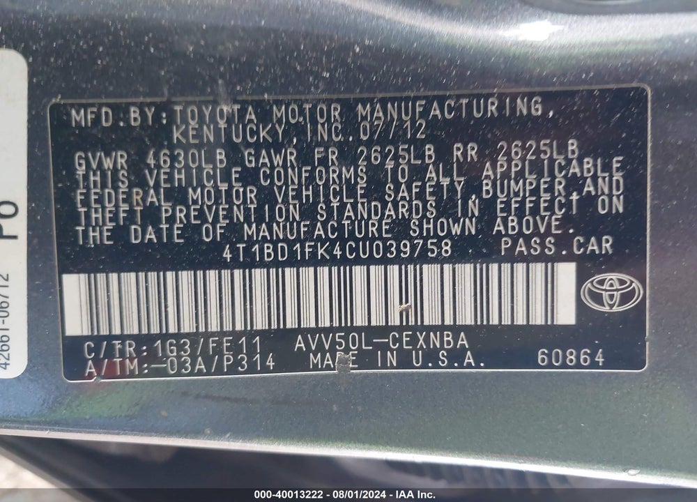 2012 TOYOTA CAMRY HYBRID LE VIN: 4T1BD1FK4CU039758