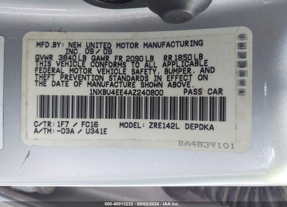 2010 TOYOTA COROLLA VIN: 1NXBU4EE4AZ240800